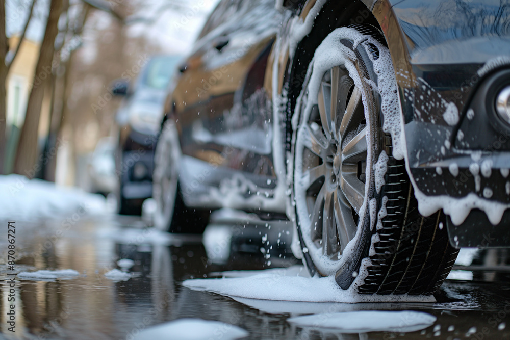 Fototapeta premium Close Up Foam Dripping from Car, cleaning washing a car.