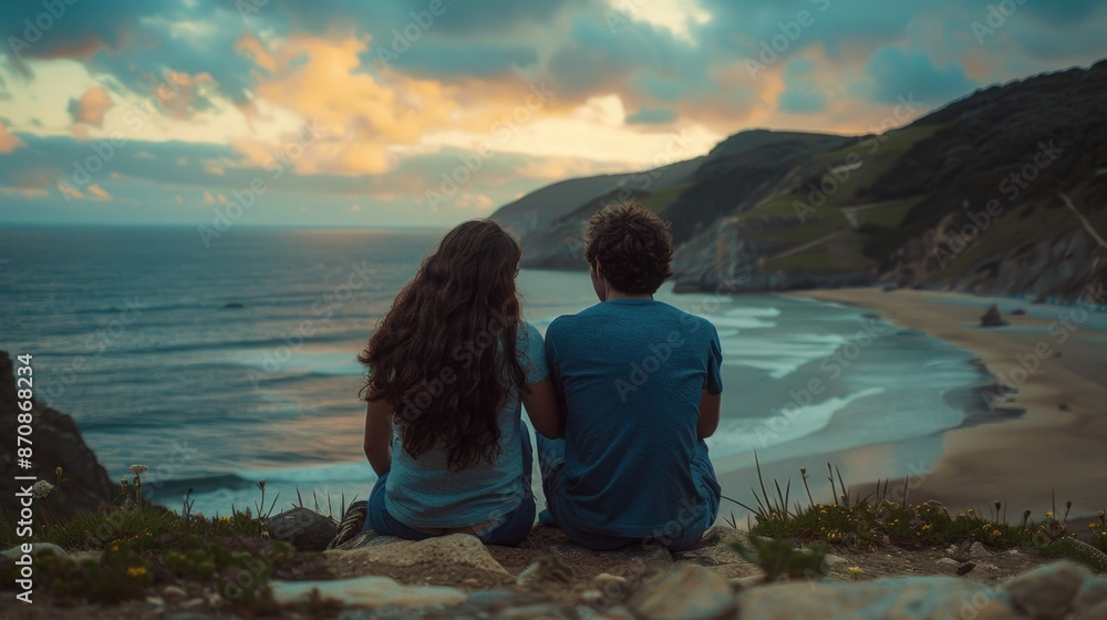 Fototapeta premium A couple sitting on a cliff overlooking the ocean, enjoying the view