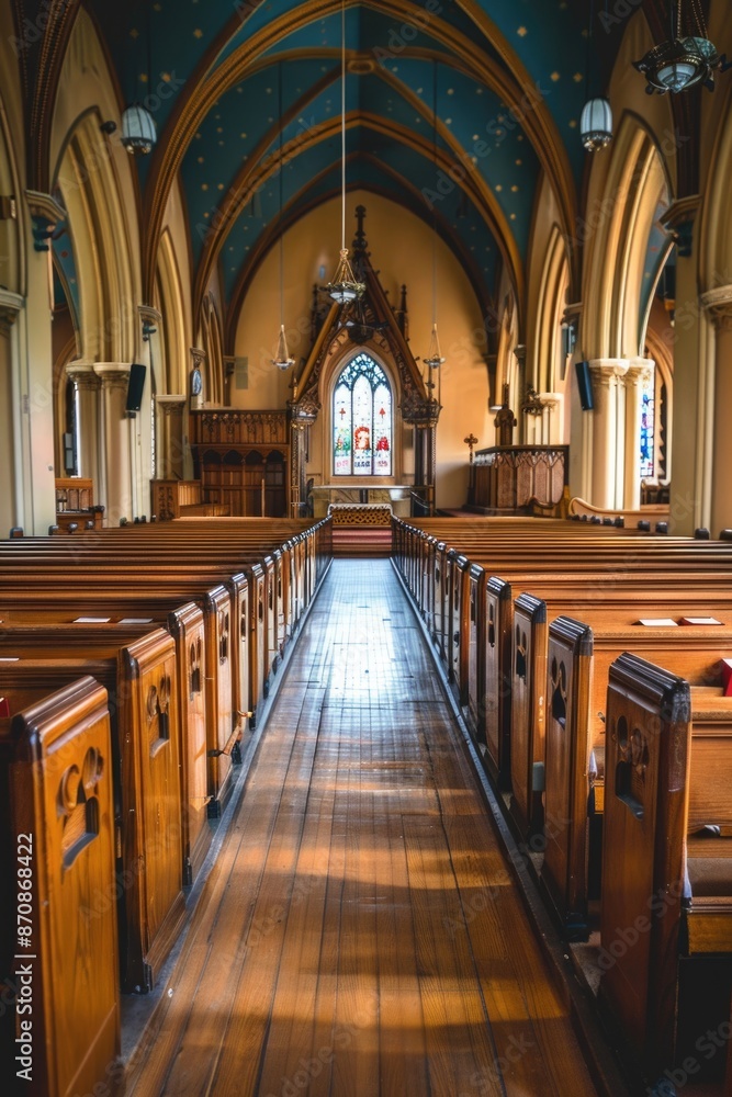 Fototapeta premium Row of wooden pews in a traditional church setting