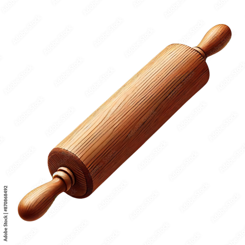 A wooden rolling pin with detailed wood texture and classic rounded handles, placed on a transparent background A wooden rolling pin with detailed wood texture and classic rounded handles, placed on a transparent background
