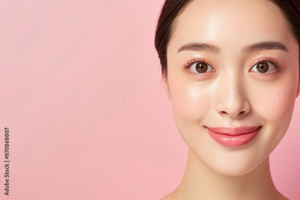 Close-up of a young woman with clear skin and a radiant smile against a pink background. Close-up of a young woman with clear skin and a radiant smile against a pink background.