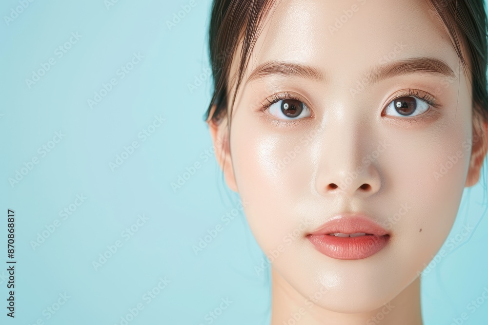 Close-up of a young woman with clear skin and natural makeup against a light blue background. Close-up of a young woman with clear skin and natural makeup against a light blue background.