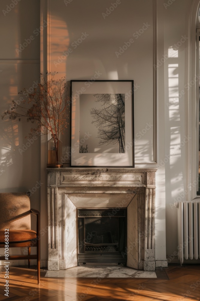 Living room interior with fireplace, armchair and poster. Mock up Living room interior with fireplace, armchair and poster. Mock up
