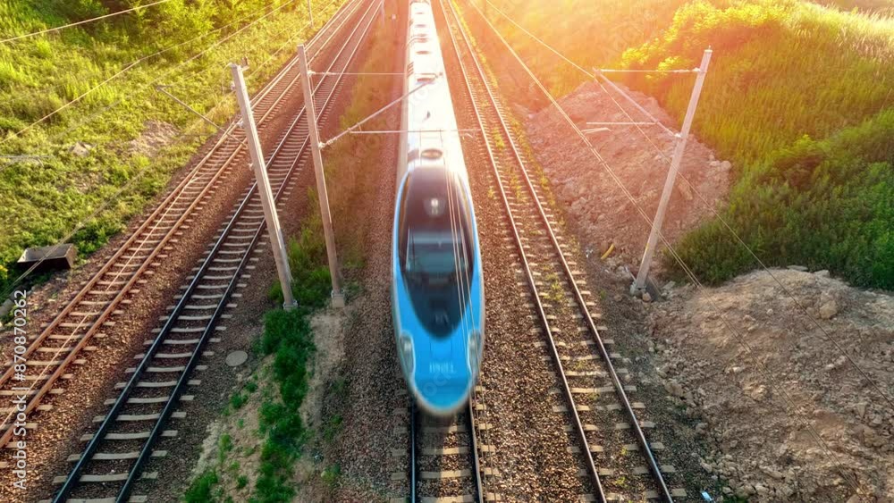 Highspeed train railroad track - aerial view. Modern train in motion ...
