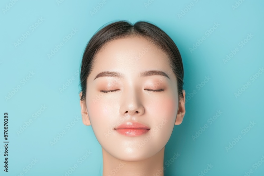 Close-up of a serene woman with closed eyes, flawless skin, and a calm expression against a vibrant blue background. Close-up of a serene woman with closed eyes, flawless skin, and a calm expression against a vibrant blue background.
