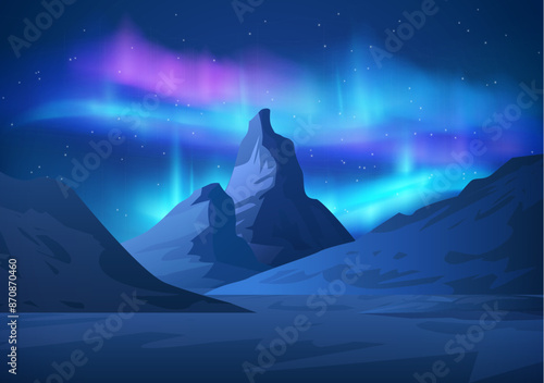 Colorful aurora borealis lights effect on mountains landscape vector illustration arctic polar light on starry night sky