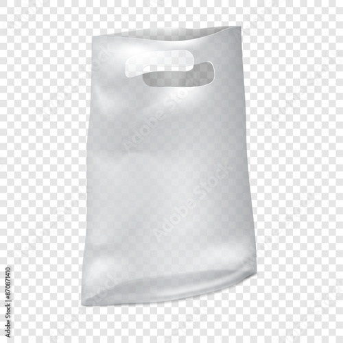 Clear plastic poly bag with die cut handles on transparent background. Realistic vector mockup. Die-cut handle polybag. Template. Blank white package. Mock-up