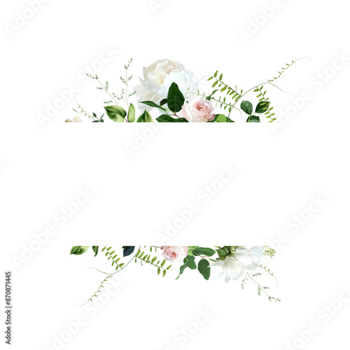 Light pink rose, white peony, emerald greenery vector design banner frame. Wedding seasonal simple flower card. Floral watercolor horizontal logo composition. All elements are Isolated and editable