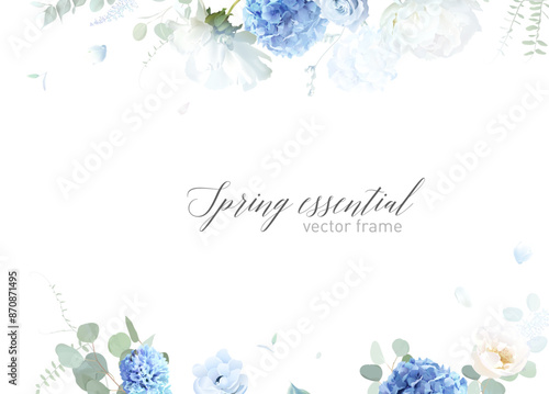 Dusty blue hydrangea, peony and eucalyptus vector frame. Hand painted branches, rose, hydrangea on white background. Greenery wedding invitation. Watercolor card. Elements are isolated and editable