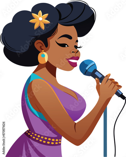 Beautiful black woman singer performing with microphone