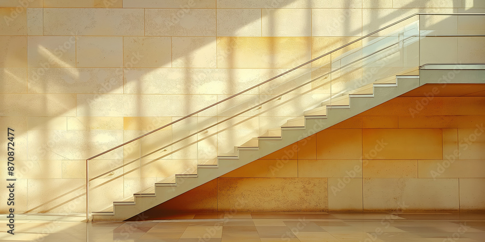 Fototapeta premium Minimalist Modern Staircase in Sunlit Interior with Geometric Shadows