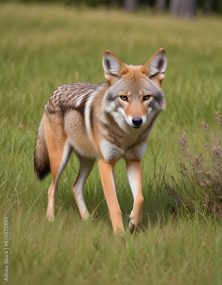 Fototapeta premium In the vast area of the wilderness a sleek coyote prowls silently through the grass and lookig for the prey to eat