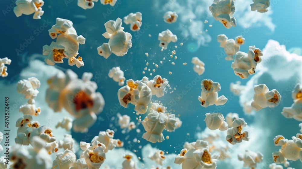 A handful of popcorn suspended in the air, perfect for a whimsical or magical scene A handful of popcorn suspended in the air, perfect for a whimsical or magical scene