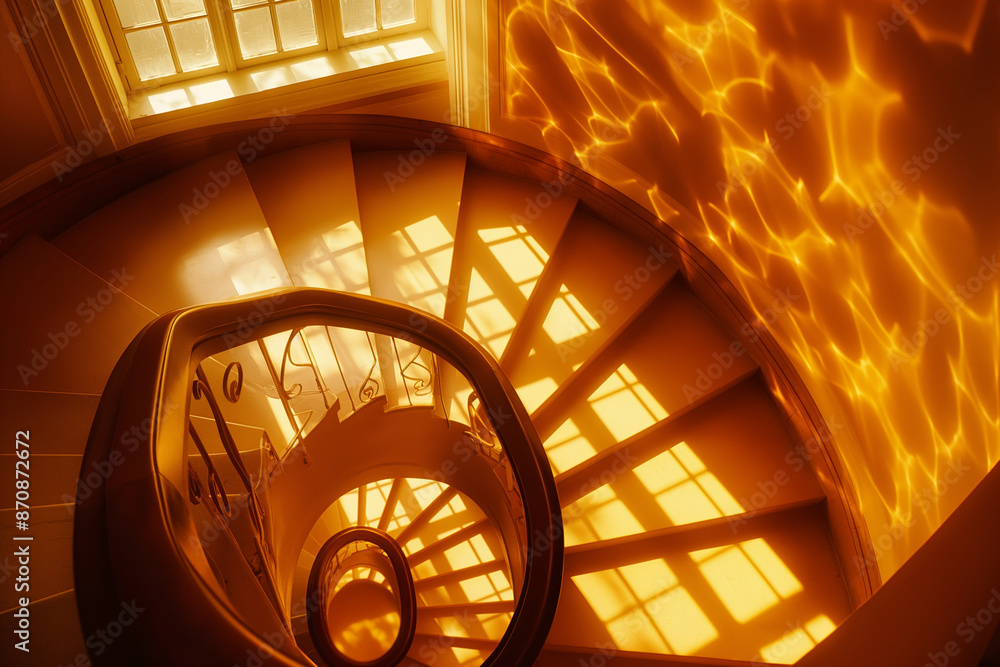 Obraz premium Spiral Staircase with Golden Sunlight Reflections Illuminating the Interior