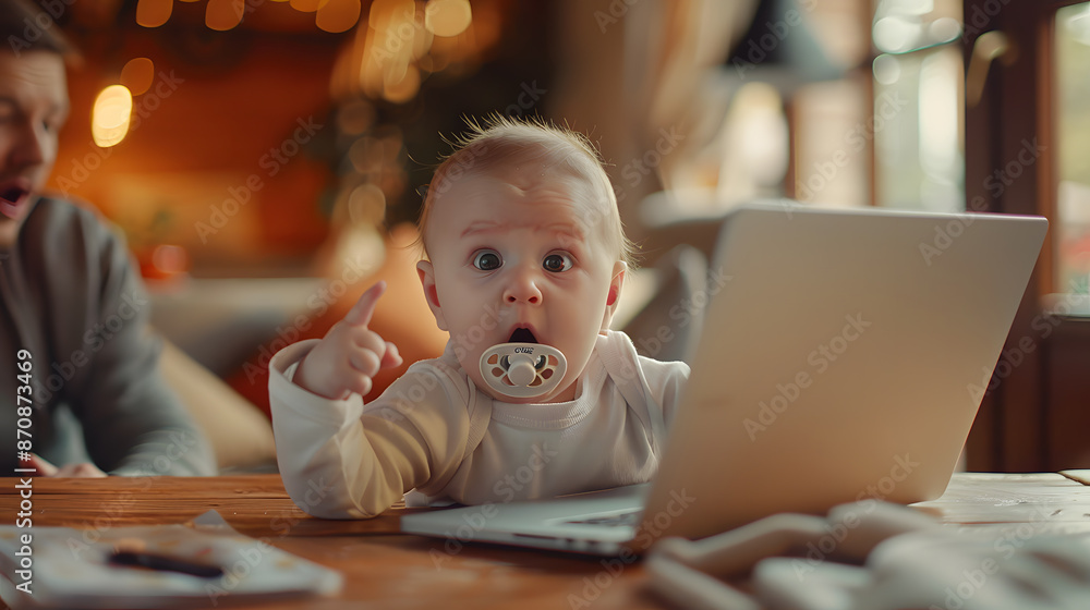 Surprise, shock, strong emotion, delight, a baby saw something amazing on laptop screen, his eyes widened, his mouth opened, pacifier fell out, technological progress Surprise, shock, strong emotion, delight, a baby saw something amazing on laptop screen, his eyes widened, his mouth opened, pacifier fell out, technological progress