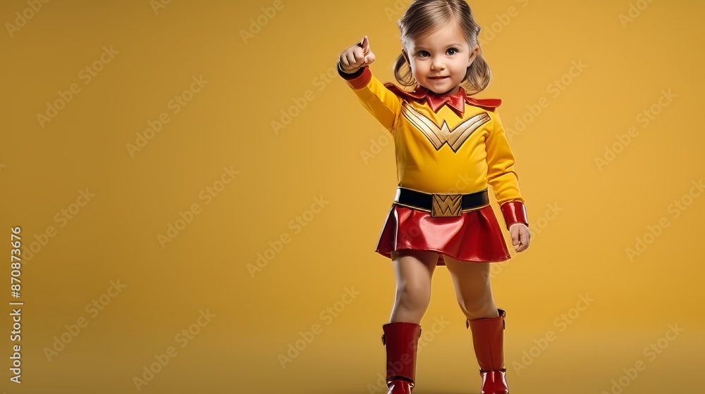 Adorable superhero girl in uniform flying with raised fist, isolated on yellow background Adorable superhero girl in uniform flying with raised fist, isolated on yellow background
