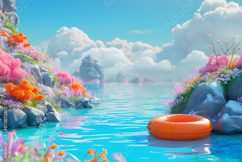 3D Fantasy Landscape: River and Floating Life Ring photo