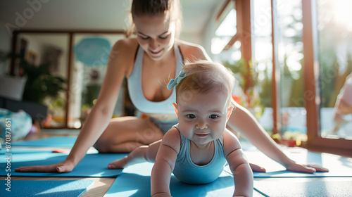 Mother and baby practicing yoga together in a bright room, both doing the happy baby pose on blue mats.