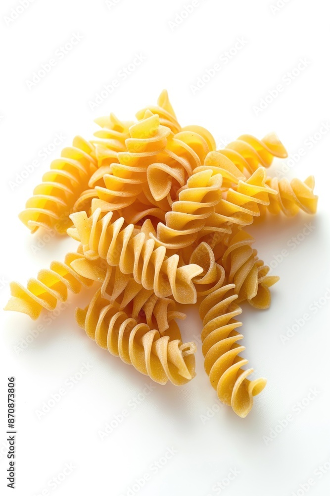 A pile of pasta on a white surface, suitable for food-related content or packaging design A pile of pasta on a white surface, suitable for food-related content or packaging design