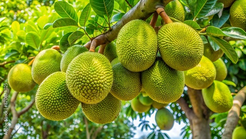 High in the tree canopy, ripe breadfruits await harvest. Their vibrant green skins signal readiness, promising a bounty of this tropical delight. photo