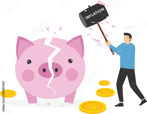 Inflation causing money value decreased or recession make stock market crash, pension fund losing value or business bankruptcy concept, big hammer with the word inflation hit broken piggy bank.

