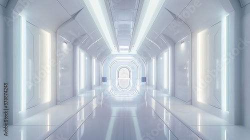 An aesthetically pleasing futuristic sci-fi corridor with white lights and reflections. 3D rendering