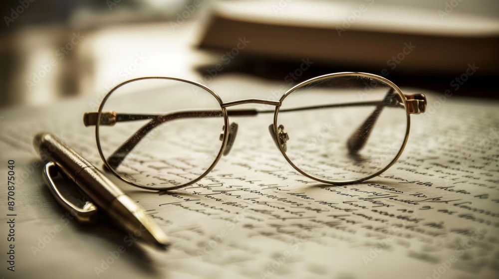 Close-up view of glasses and Pen on a sheet of paper. Ai generated image Close-up view of glasses and Pen on a sheet of paper. Ai generated image