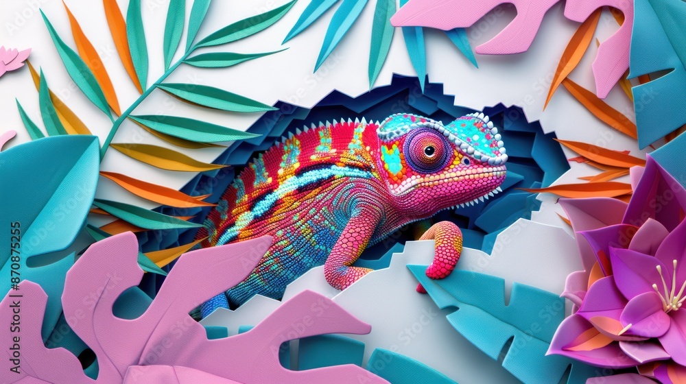 Illustration of bold colors chameleon, peeking out from hole surrounded with tropical exotic leaves, lizard in jungle plants in paper cut style, AI generated image Illustration of bold colors chameleon, peeking out from hole surrounded with tropical exotic leaves, lizard in jungle plants in paper cut style, AI generated image