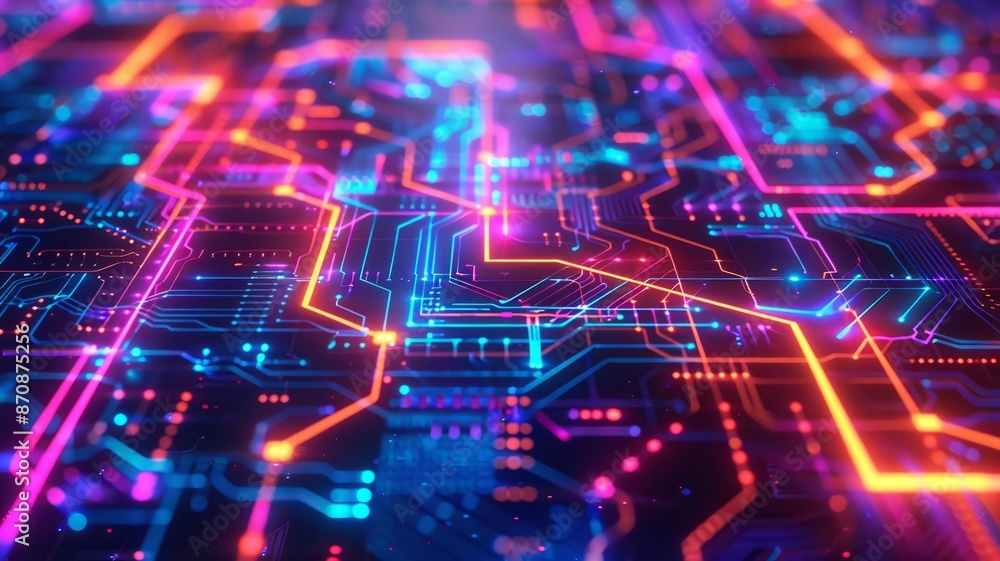 Futuristic Neon Circuit Board with Glowing Patterns and Vibrant Colors Futuristic Neon Circuit Board with Glowing Patterns and Vibrant Colors