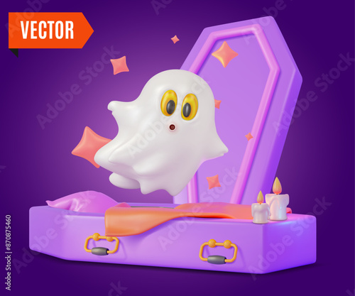 3d Happy Halloween Concept Cartoon Design Style. Vector illustration of Fly Ghost and Coffin for Dead