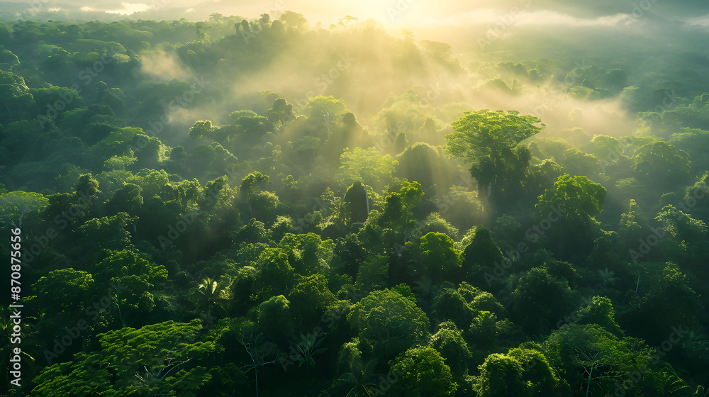 Obraz premium Aerial view of lush rainforest at sunrise. Generative by AI