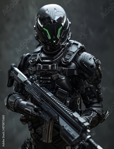A futuristic armored soldier poses with a studio background while wearing a masked mask.