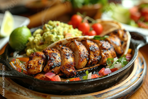 delicious fajitas with chicken and beef on a white plate, shown from the side. A sizzling pan is seen in the background   © Rayhanbp