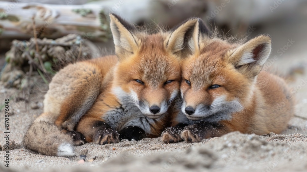 A close-up view of a wild baby red fox cuddling on the beach. Ai generated image A close-up view of a wild baby red fox cuddling on the beach. Ai generated image