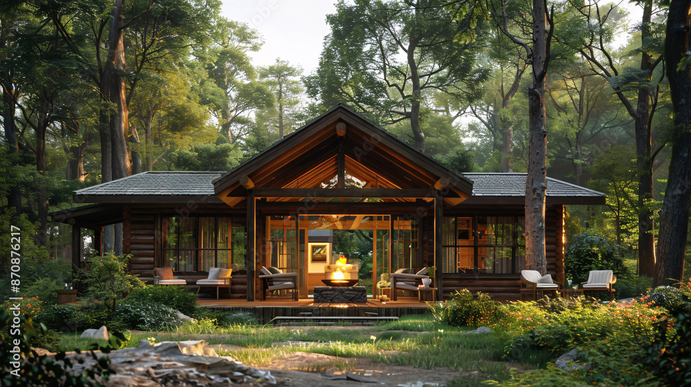 Small cabin with porch in woods. Generative by AI Small cabin with porch in woods. Generative by AI