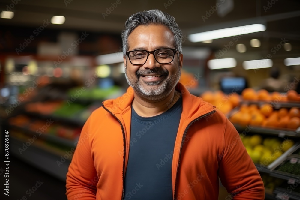Fototapeta premium Smiling man using mobile app for grocery shopping in store, looking at camera with joy