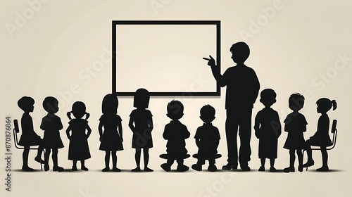 simple icon of teacher standing in front with whiteboard and students, black on plain background, high resolution