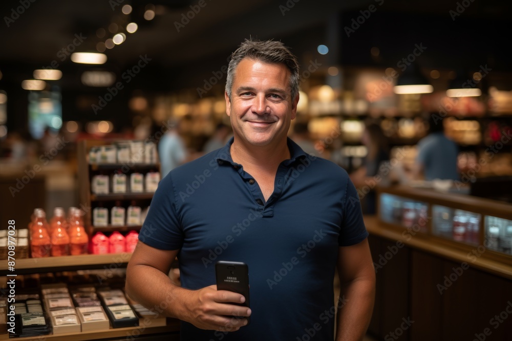 Smiling man shopping, using phone app for groceries, joyfully looking at camera in store Smiling man shopping, using phone app for groceries, joyfully looking at camera in store