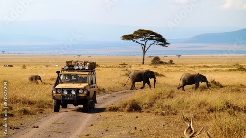 Jeep de safari atravesando la sabana africana, con elefantes y jirafas en el horizonte photo