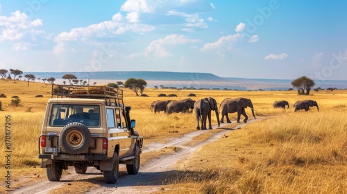 Jeep de safari atravesando la sabana africana, con elefantes y jirafas en el horizonte photo