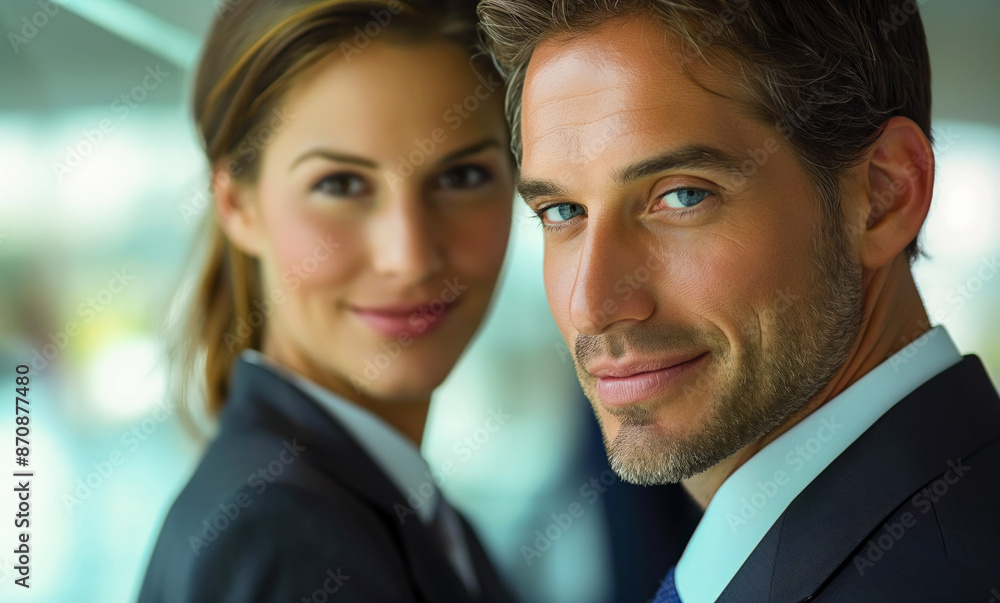 Portrait of business people in office, handsome businessman and defocused beautiful businesswoman on background. Portrait of business people in office, handsome businessman and defocused beautiful businesswoman on background.