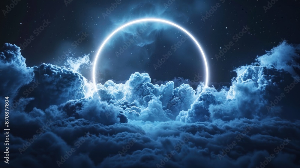 Illustration of abstract clouds illuminated with neon light rings in the dark night sky. with 3d Render background. Ai generated image Illustration of abstract clouds illuminated with neon light rings in the dark night sky. with 3d Render background. Ai generated image