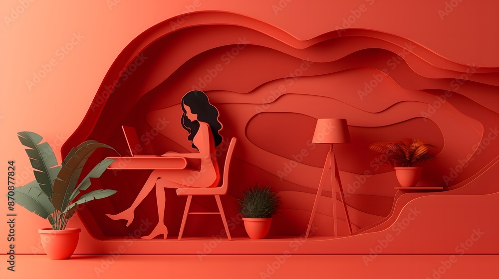 Naklejka premium Home Office Bliss. Businesswoman in Papercut Art Style