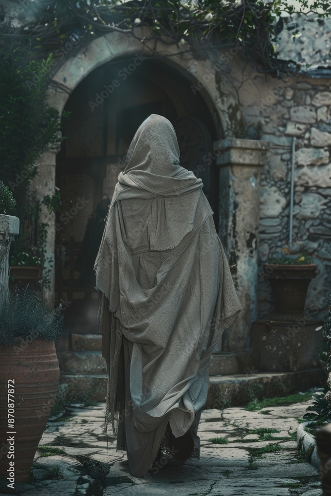 A person wearing a cloak walks along a stone path, surrounded by nature A person wearing a cloak walks along a stone path, surrounded by nature