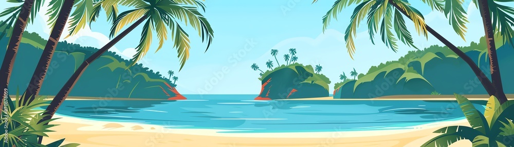 Obraz premium Tropical landscape, palm trees and beach, flat design illustration