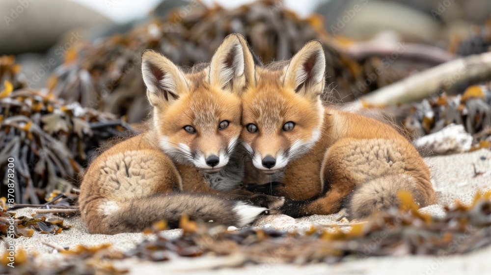 A close-up view of a wild baby red fox cuddling on the beach. Ai generated image A close-up view of a wild baby red fox cuddling on the beach. Ai generated image