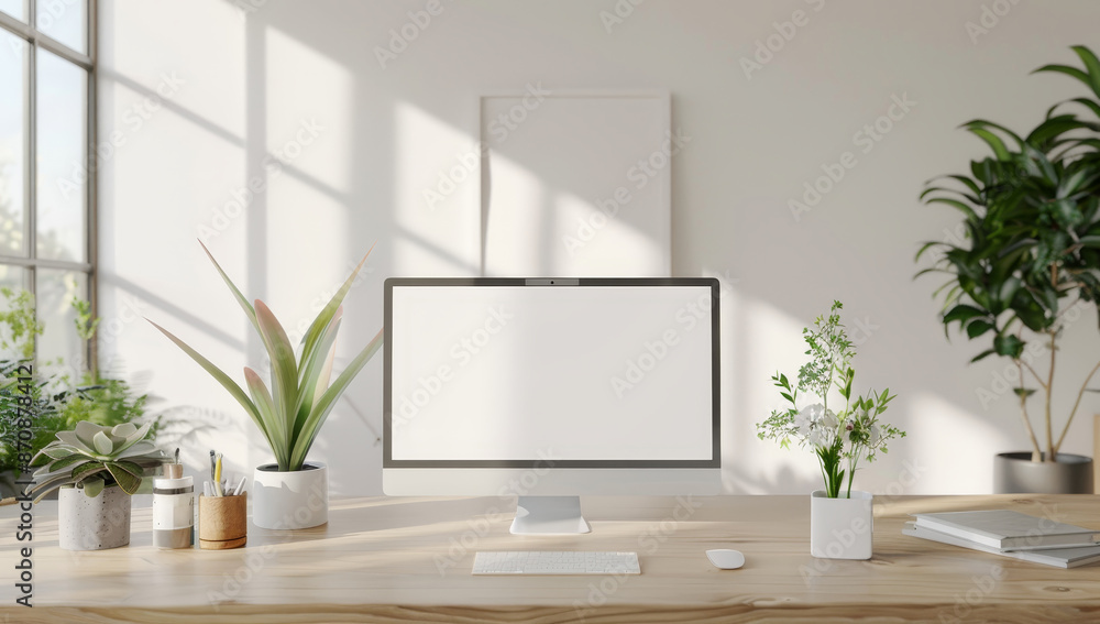 A computer monitor sits on a desk in front of a window by AI generated image A computer monitor sits on a desk in front of a window by AI generated image