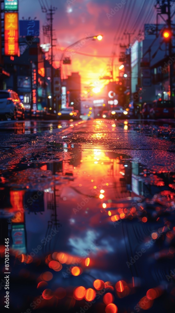 Obraz premium Urban puddle reflecting city lights at night, 8K, Ultra HD