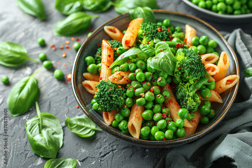 pasta with broccoli and green beans in a bowl on a grey background, viewed from above. Space for text pasta with broccoli and green beans in a bowl on a grey background, viewed from above. Space for text