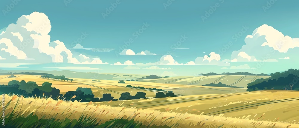 Fototapeta premium Prairie landscape, vast open fields, flat design illustration